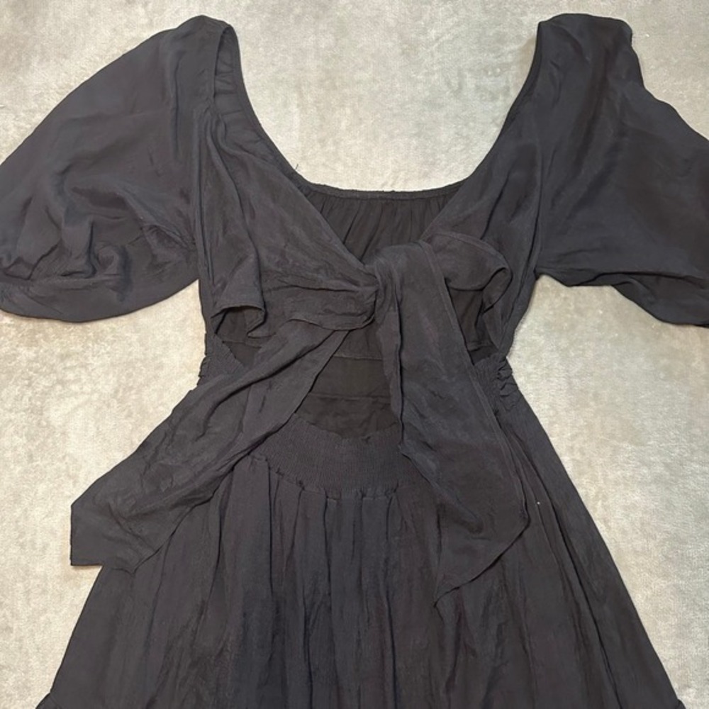 Cottagecore Dress Size L Black Puff Sleeve Whimsigoth Peasant Prairie Tie Back - Picture 3 of 10